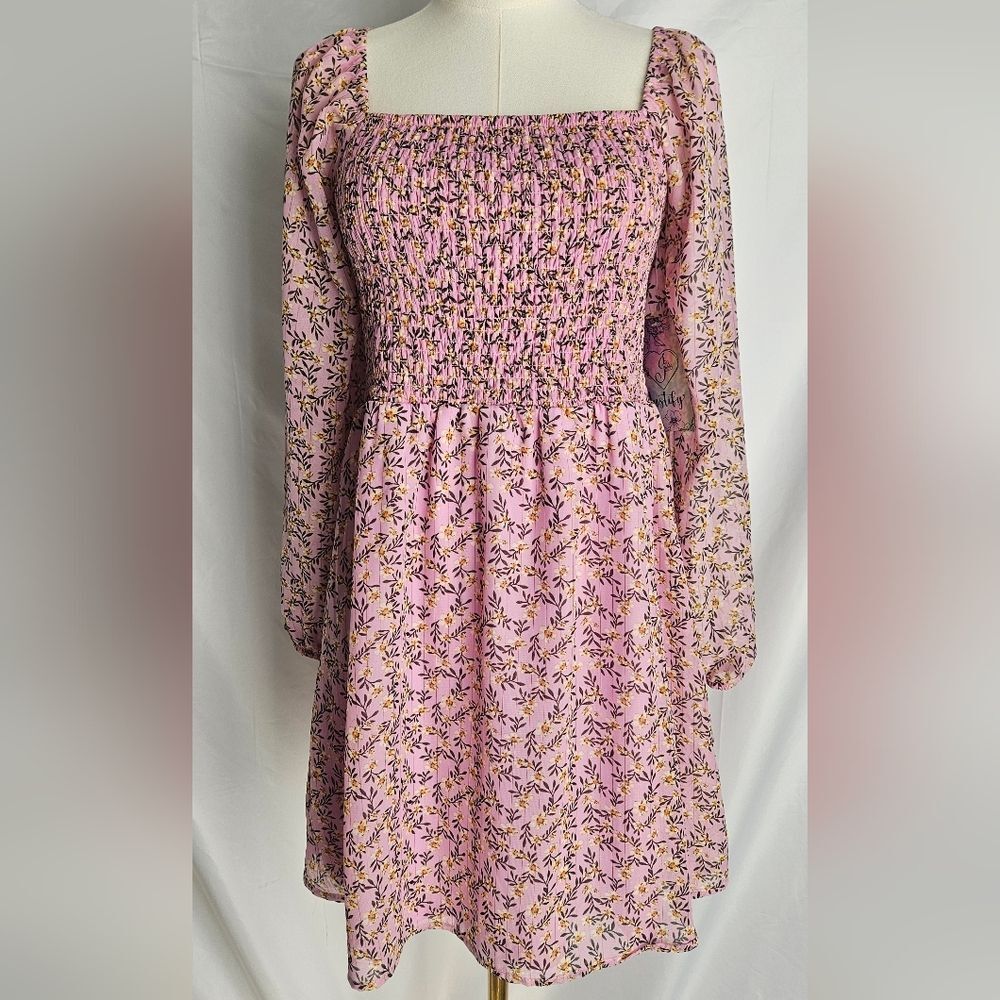​Justify Pink Floral Smocked Square Neck Mini Dress M Nwt